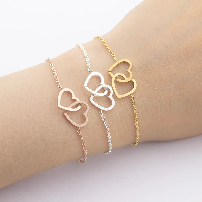 Friendship Bracelet Double Heart Charm Bracelet Gold Plated Stainless Steel Heart Gift Bracelet