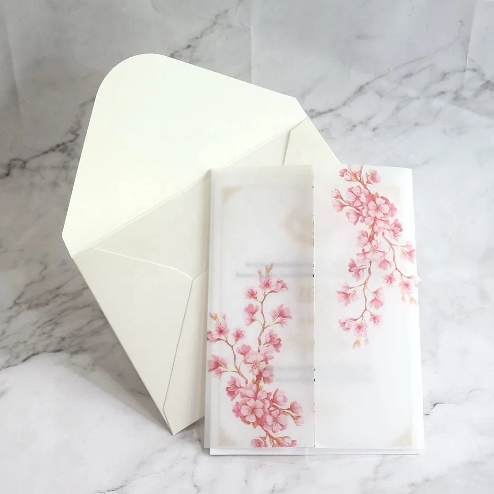Custom Pink Floral Graph Printing Vellum Sleeve for Wedding Invitation Cards Invites