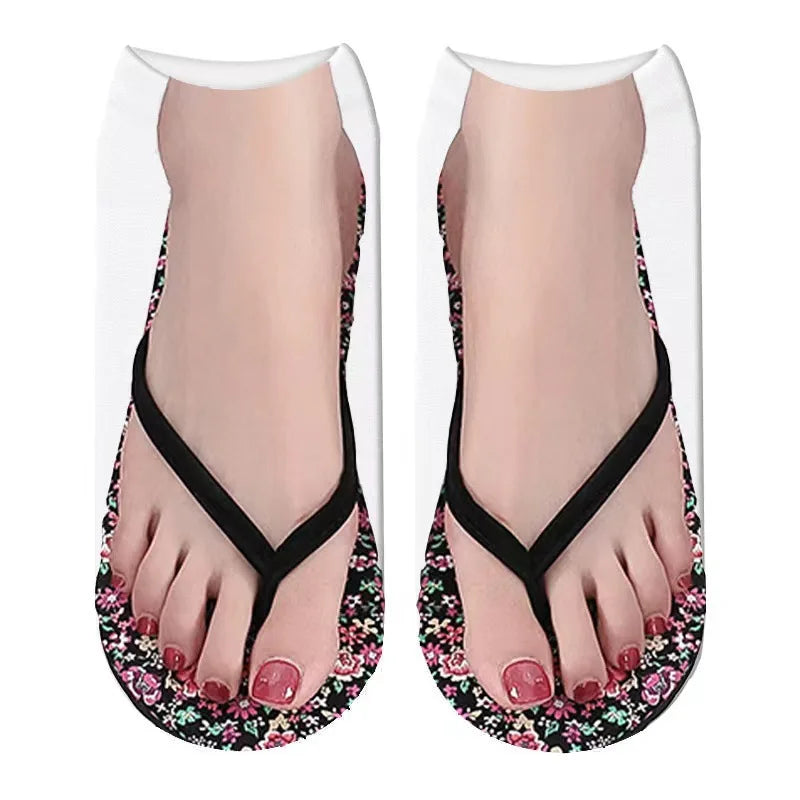 3D Foot Printed Socks for Women Novelty Ankle Femme Girls Cotton Socks Casual Funny Creative Flip-flops Socks