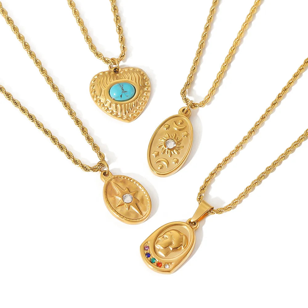 Sanlan 18k Pvd Gold Plated Waterproof Tarnish Free Moon Star Sun Zirconia Coin Pendant Stainless Steel Necklace Fashion Jewelry