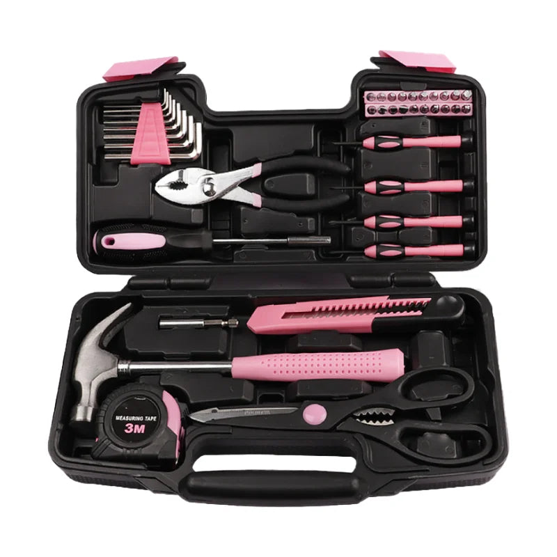 39pcs Pink Household Tool Set for Women Including Claw Hammer Wrench Pliers Scissors Tape Measure Knife OEM Supported