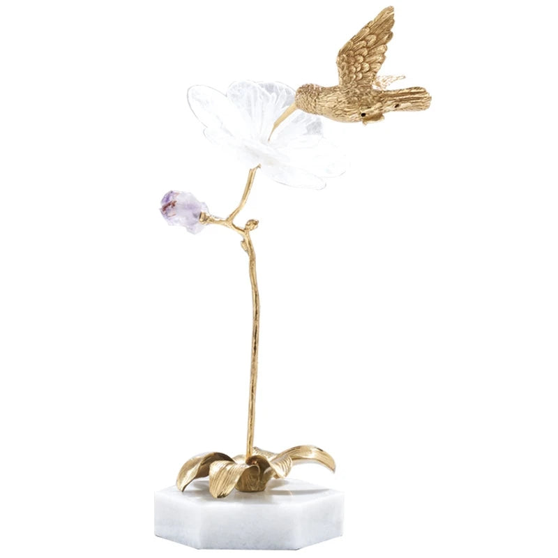 Table Ornament Purple Natural Crystal Stone Flower Home Crafts Copper Tree Bird Flower Marble Base Hotel TV Cabinet Decoration