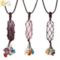 CSJA Newest Handmade Rope Wrap Hexagon Natural Stone Rose Quartz Tassel Charm Pendant Healing Chakra Crystal Necklace H118
