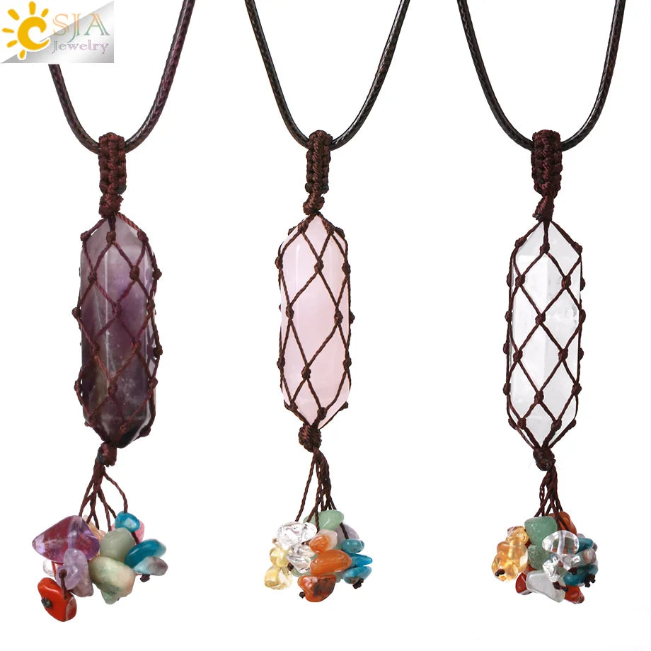 CSJA Newest Handmade Rope Wrap Hexagon Natural Stone Rose Quartz Tassel Charm Pendant Healing Chakra Crystal Necklace H118