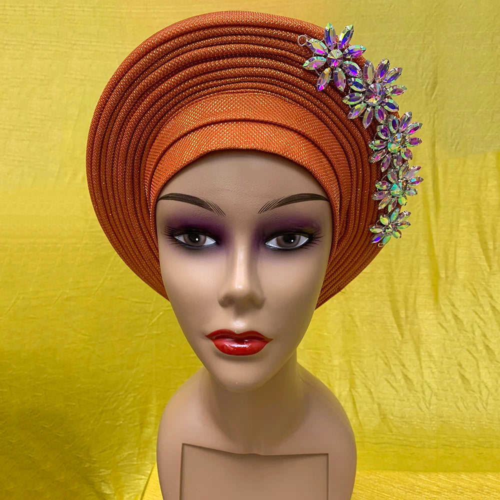 Sinya Fashion Orange Wedding Auto Gele Headtie for African Nigeria Aso Ebi Turban Head Wrap Women Ladies