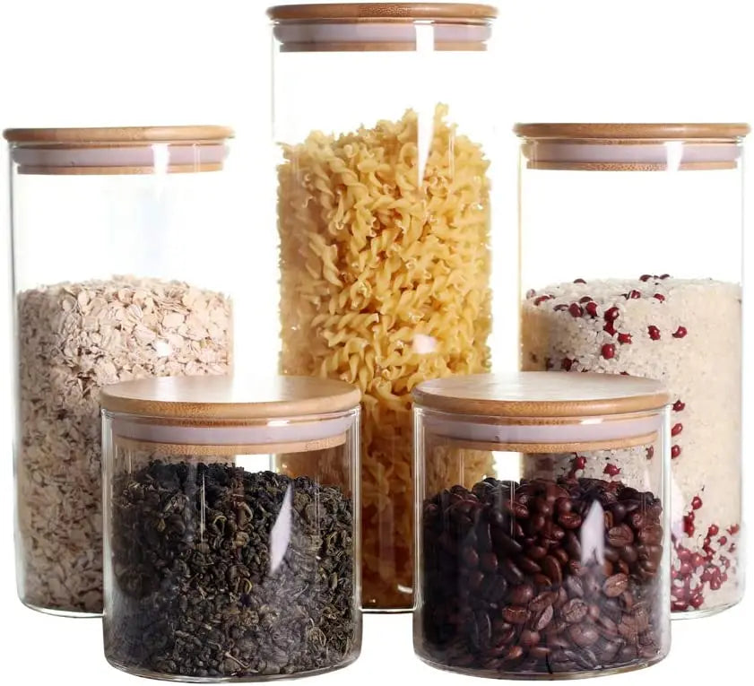 Stackable Classic Kitchen Tea Sugar Coffee Canisters Set Pack 5 Clear Plastic Food Storage Jars Airtight Bamboo Lid