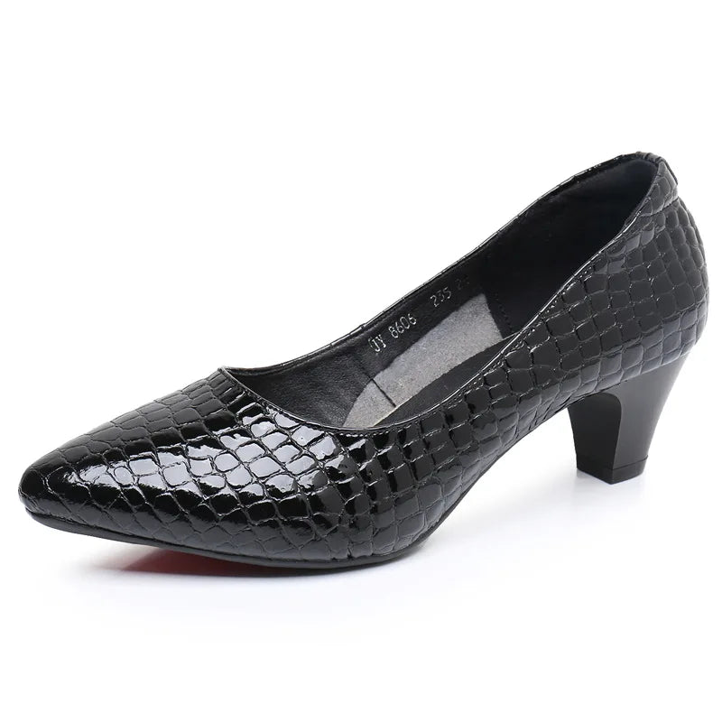 Women's Fashion Patent Leather Pumps Genuine Comfortable Mid Heel Shoes Pointed-Toe Design Soft Breathable for Summer Autumn