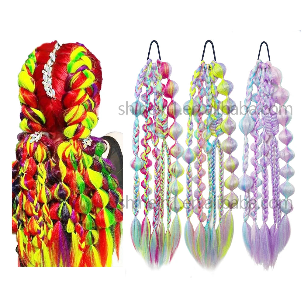 Hot Sale 24Inch High Temperature Fiber Twist Bubble Hair Braid Unicorn Mermaid Ombre Colorful Braided Ponytail Extension