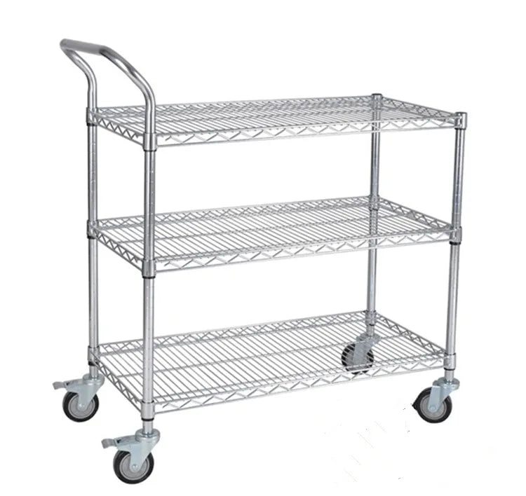 Dontalen Hotel Trolley Wire Mesh Shelf Metal Storage Rack Household Push Cart NSF Chrome-Plated Wire Shelving Trolley