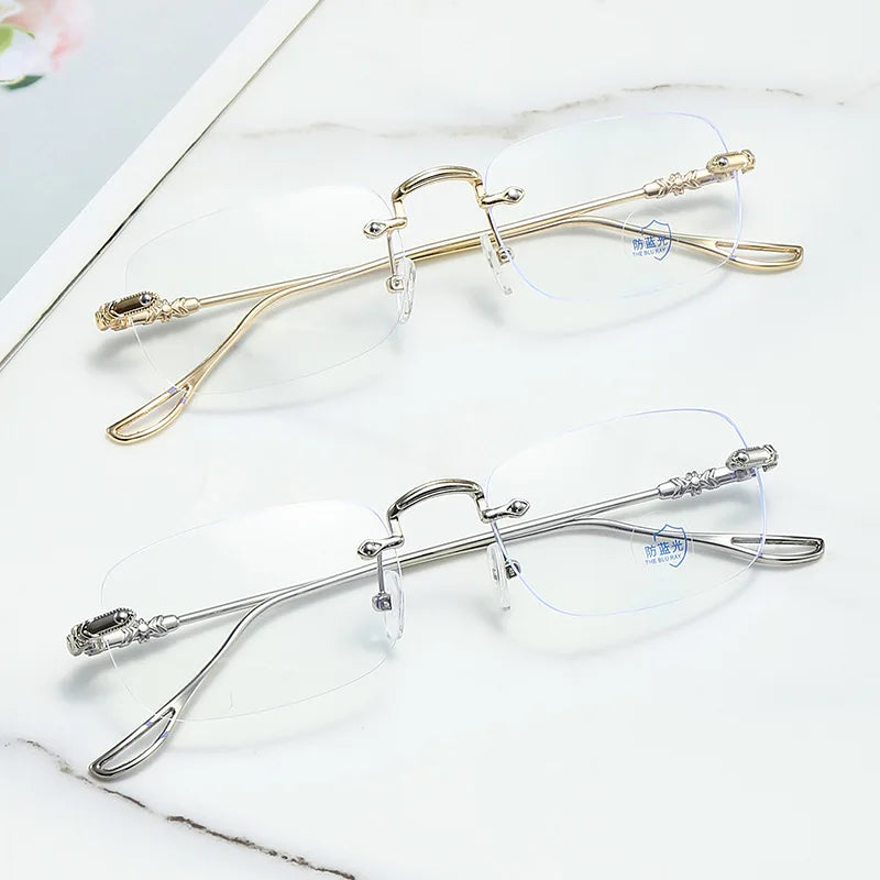 New High End Custom Logo Frameless Fashion UV400 Sunglasses Art Retro Alloy Anti Blue Light Diamond Face Shape Daily Use