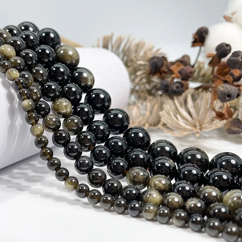 Natural Smooth 3A Golden Obsidian Beads for Jewelry Making DIY Handmade Crafts Black Obsidian Stone Beads 14mm