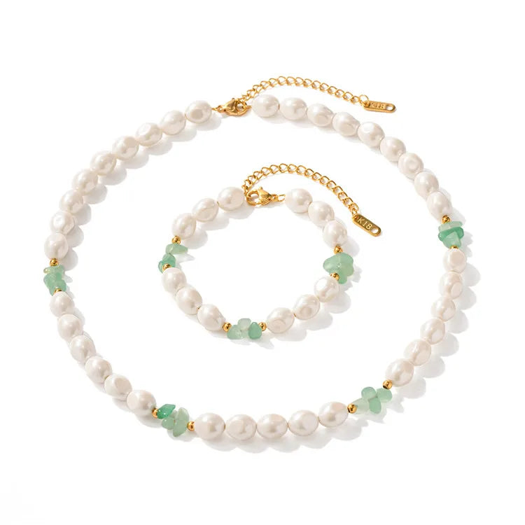 SP Women Set Jewelry Stainless Steel 18K Gold Plated Glass Pearl Natural Stone Pearl Beaded Bracelet Necklace Set Jewelry