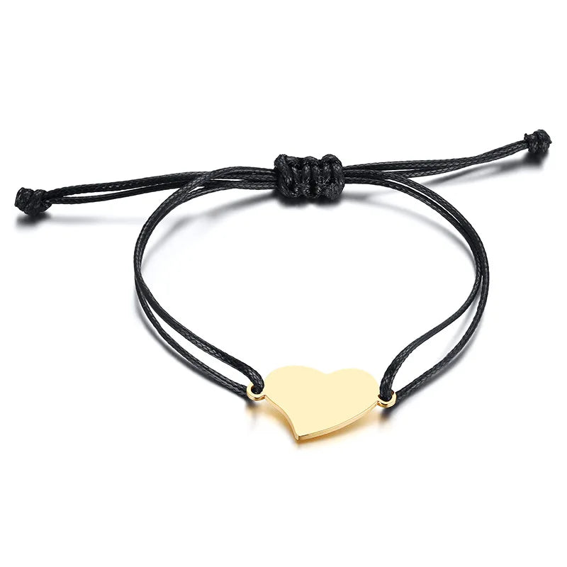 Waterproof 18K Gold Plated Heart Bracelet for Women Girls Fashion Engraving Blank Heart Charm Braided Adjustable Bracelet