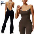 New Design Cross Beauty Back Woman Gym Yoga Jumpsuit Breathable Quick Drying Sports Fitness Ruched Flared Jumpsuit Soft Bodysuit