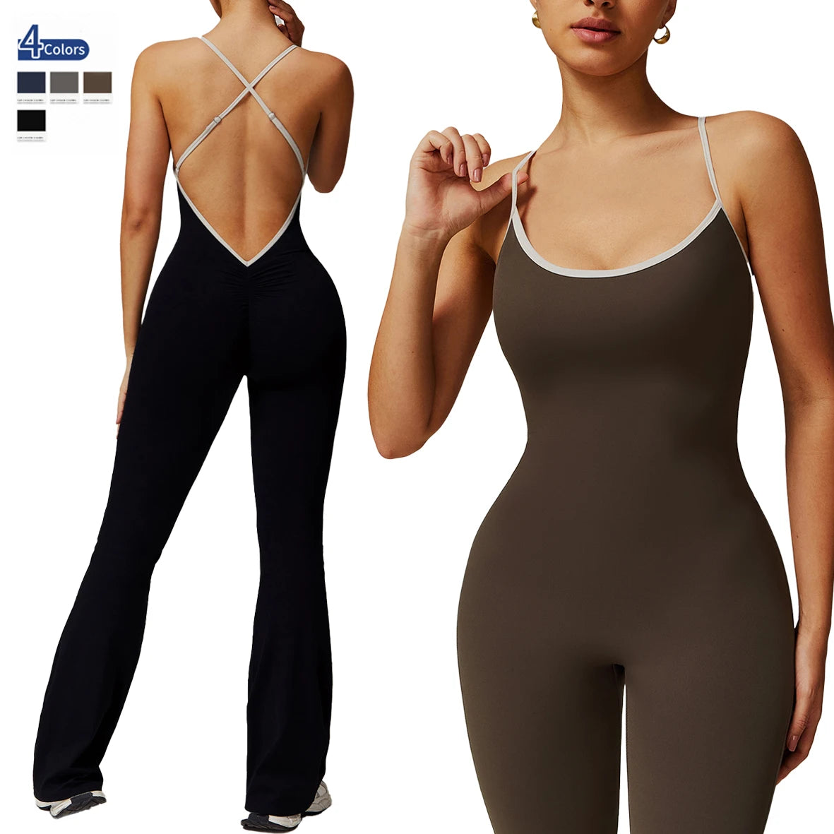 New Design Cross Beauty Back Woman Gym Yoga Jumpsuit Breathable Quick Drying Sports Fitness Ruched Flared Jumpsuit Soft Bodysuit
