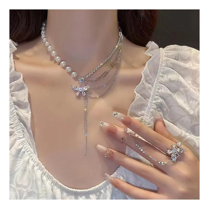 DAIHE New Pearl Butterfly Necklace Diamond Tassel Pendant Fashion Jewelry Necklaces Multi Layered