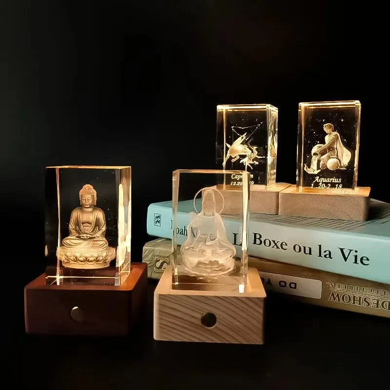 Night Light Laser Crystal Block Cube Paperweight with Wooden Light Base MH-F0619