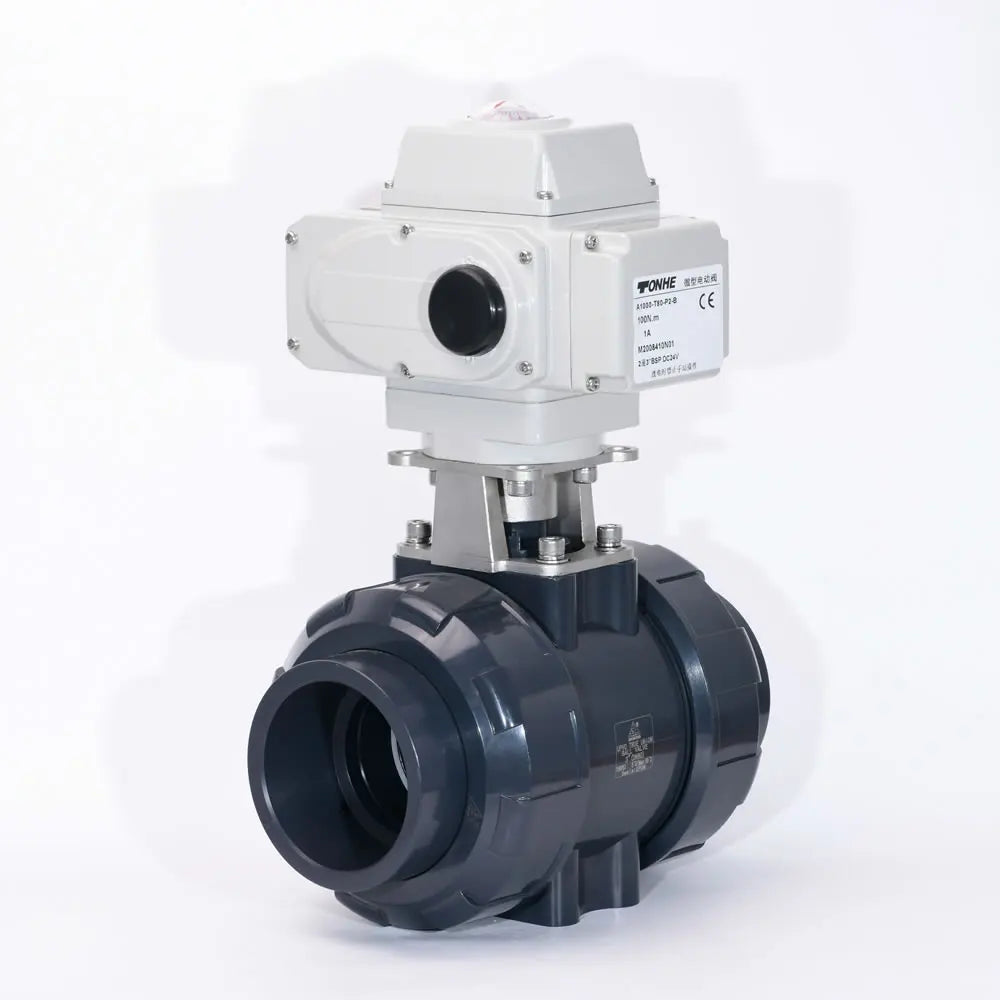 Tonheflow DN50 DN65 DN80 DN100 2 Way 100NM 24V DC Electric Actuated PVC Plastic True Union Motorized Ball Valve