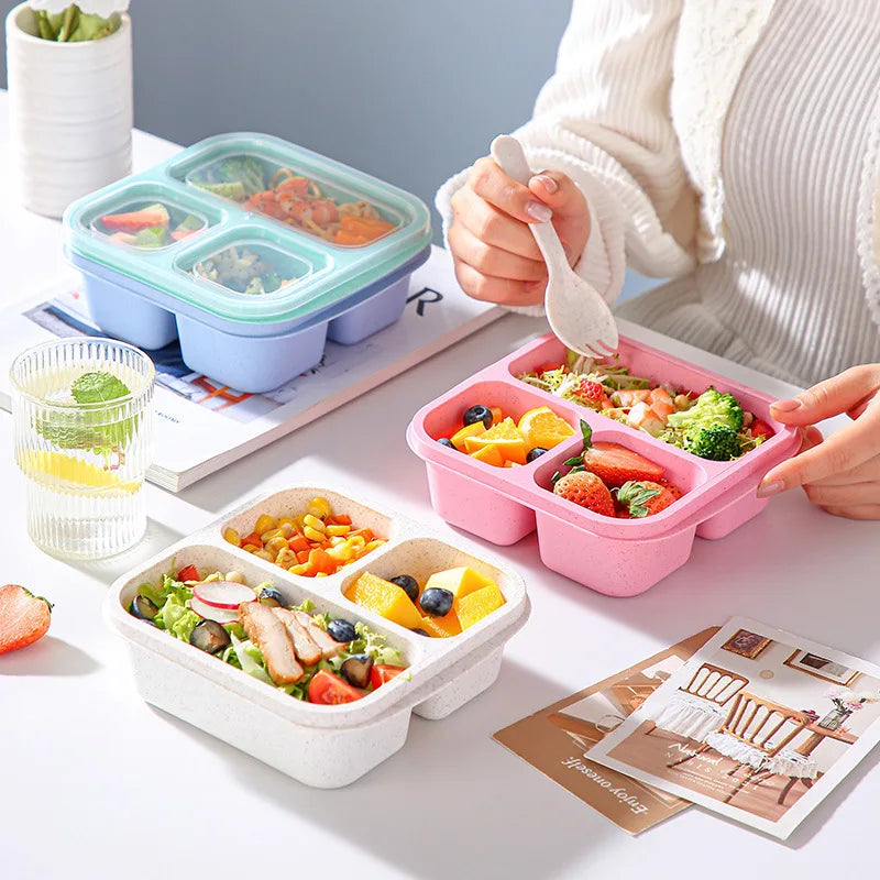 3 Compartment Leak-Proof Wheat Straw Lunch Box Adult Food Storage Container School Children Utensils