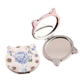 Mini Cat Head Shaped PU Leather Makeup Mirror with Blue Print