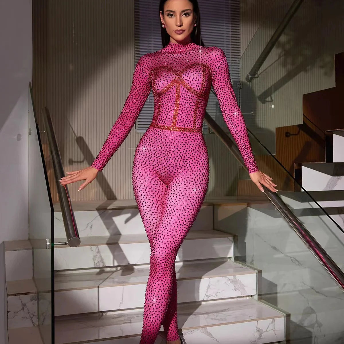 Fashion Long Sleeves Pink Rhinestone Pole Dance Wear Stage Performance Rompers Bodycon One Piece Bodysuits Women Party Jumpsuit