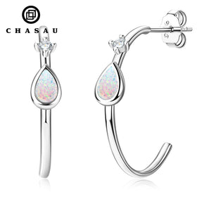 White Gold Plated 925 Sterling Silver Pear Cut Opal Gemstone Drop Hoop Earrings for Women