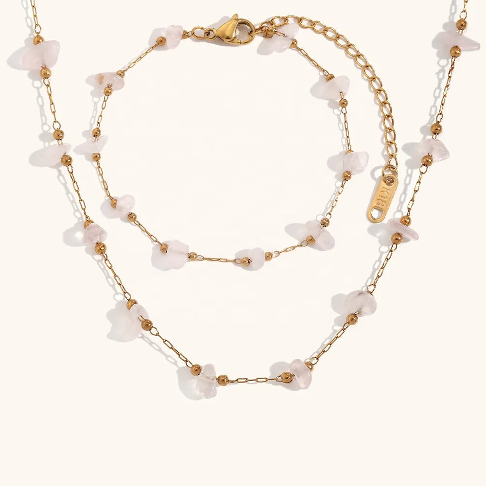 Dingran Waterproof Jewelry Gemstone Beaded Necklaces Gold Plated Stainless Steel Jewelry Set