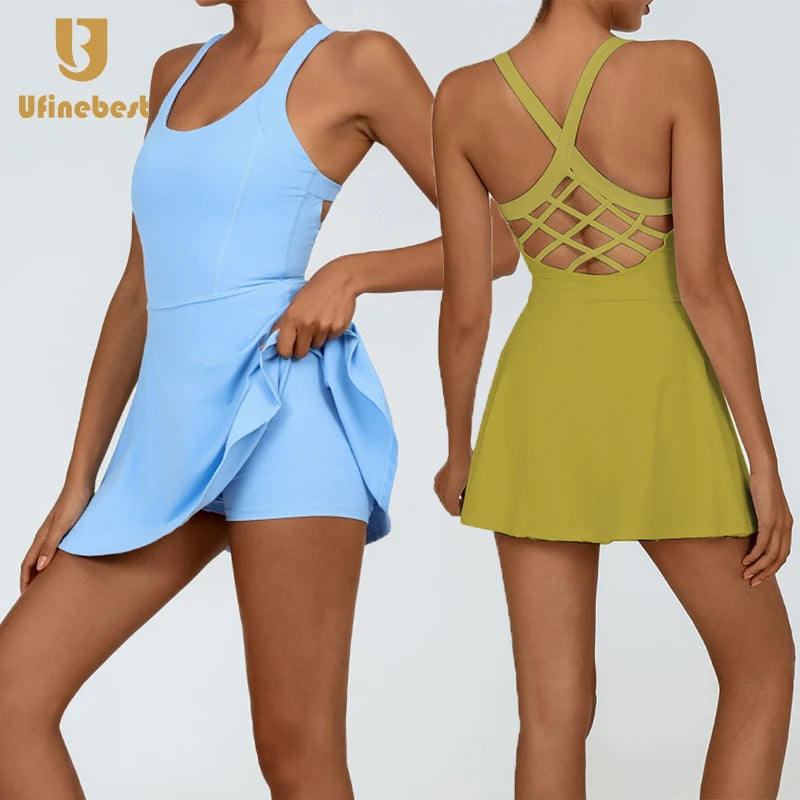 Quick Dry High Stretchy Tennis Skirt Women Sportswear Compression Tennis Clothing Fashion Yoga One Piece Tennis Dress