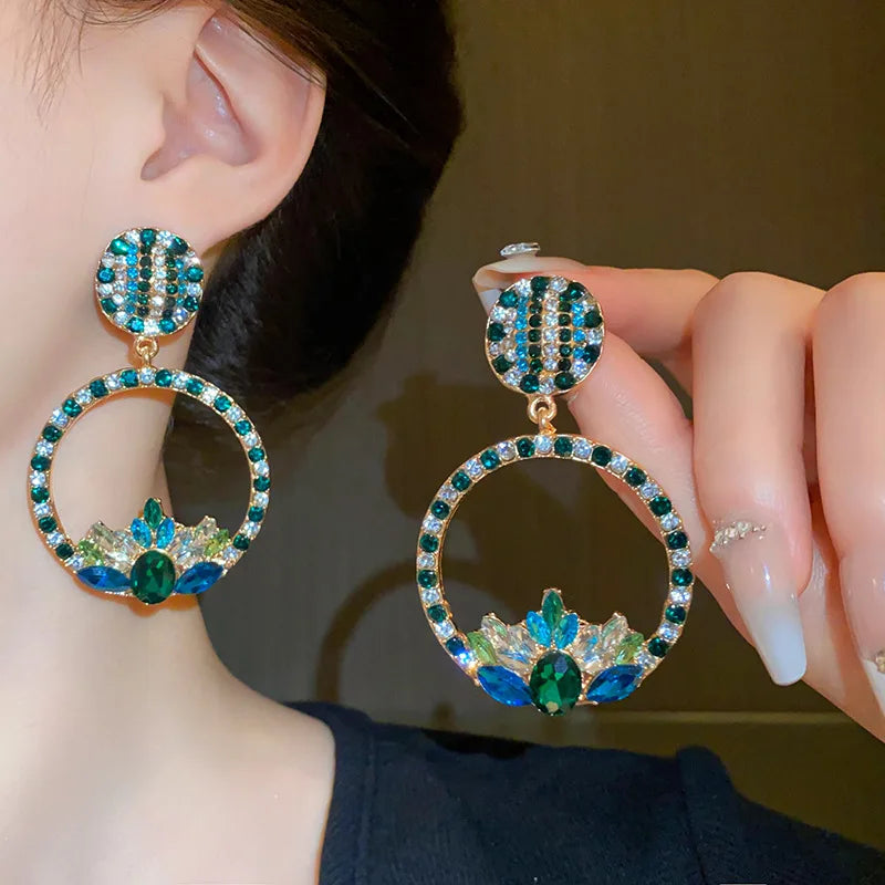 Fashion Jewelry Sapphire Emerald Earrings Exaggerated Rhinestone Crystal Hollow Round Earrings for Women