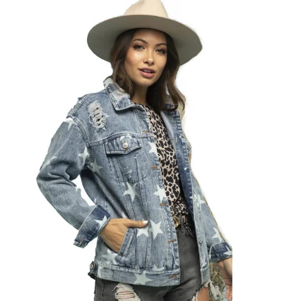 Wholesale New Arrival Star Printed Denim Jacket Women Loose Casual  Denim Coat With Pockets