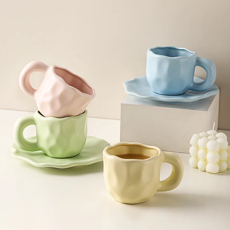 Custom INS Handmade Ceramic Coffee Cup and Saucer Set Colored Irregular Personalized Breakfast Tea Milk Espresso Mug Restaurant