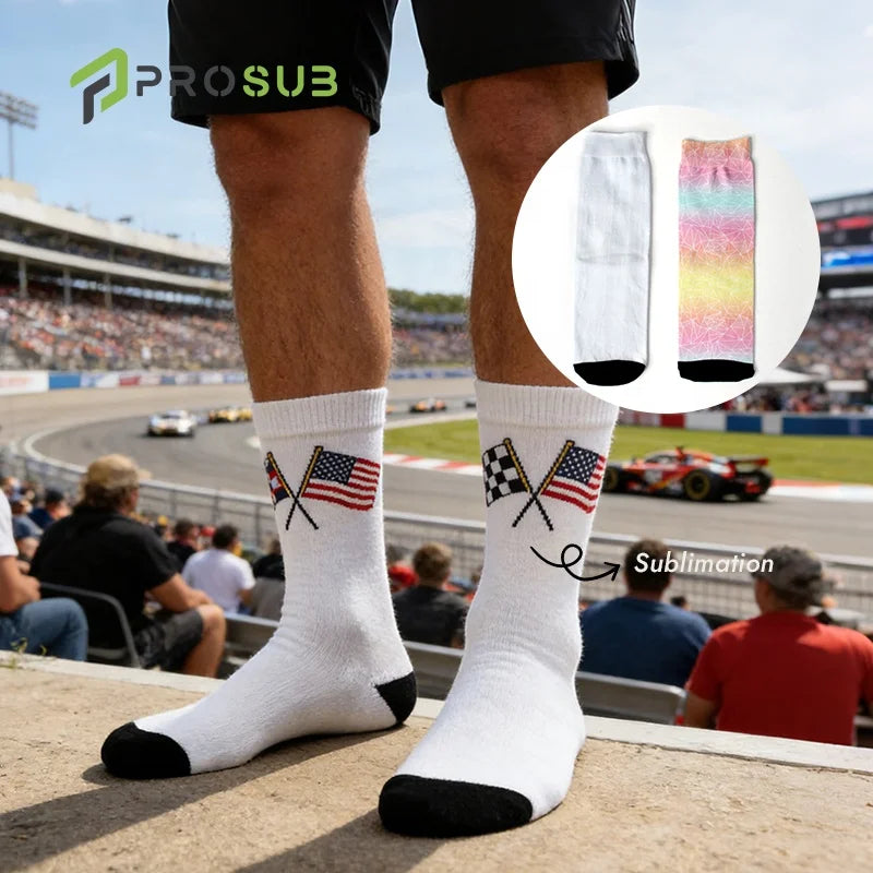 Prosub Custom Sublimated Sock Printed Polyester Socks for Sublimation Stockings White Athletic Blank Sublimation Socks