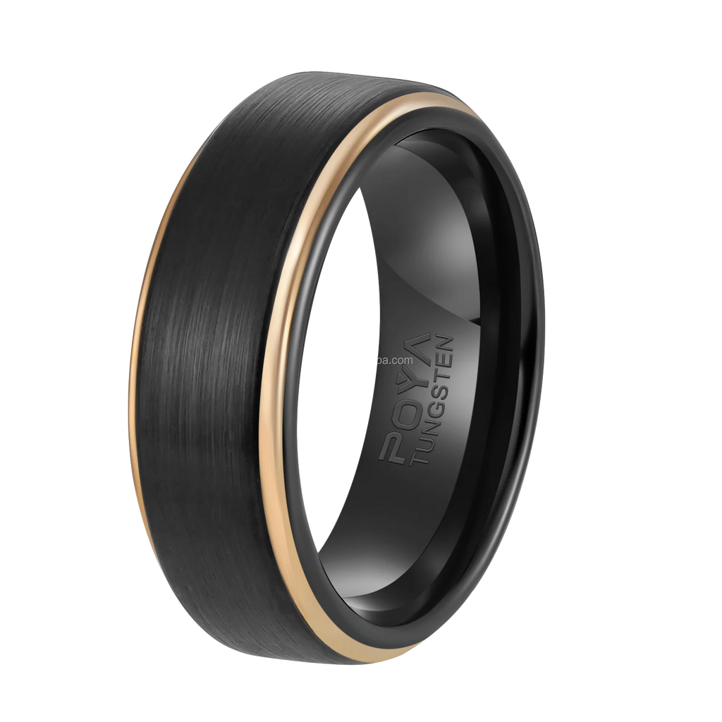 POYA 8mm Tungsten Ring Black Matte Center Gold Line Step Edge Unique Ring for Men Engraving