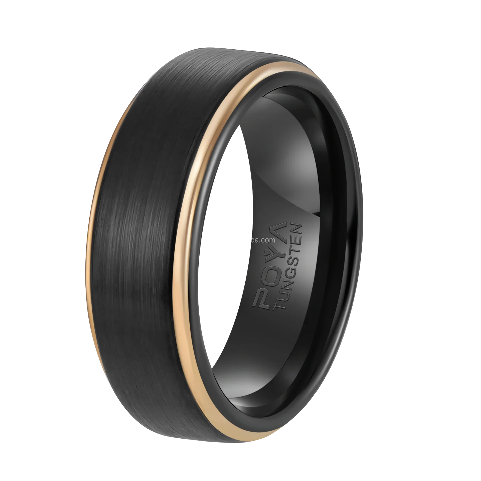 POYA 8mm Tungsten Ring Black Matte Center Gold Line Step Edge Unique Ring for Men Engraving