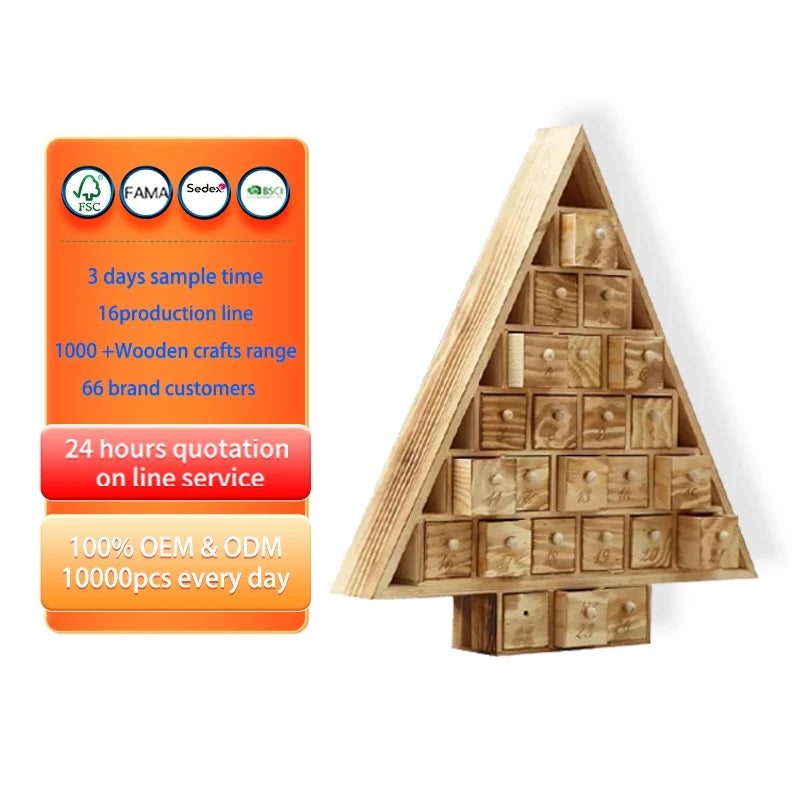 Personalized Tall Christmas Tree Shaped Wooden Advent Divided Wooden Gift Box