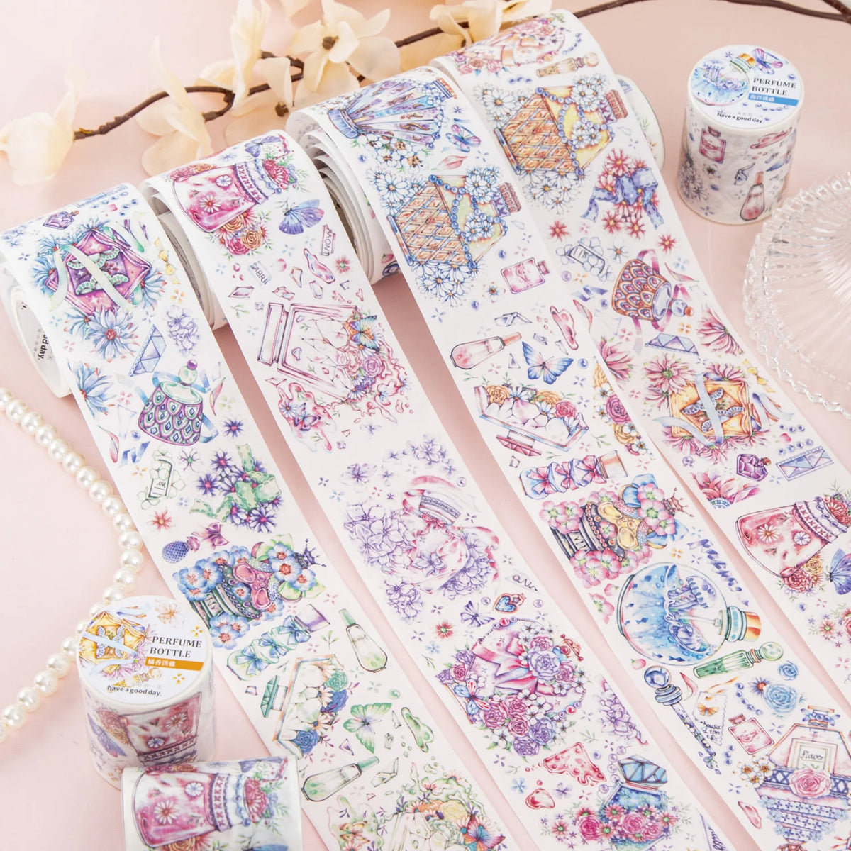 2m/Roll Water Activated Silicone Adhesive Tape Masking Perfume Glass Series Exquisite Journal Decorative Kraft Paper Loop