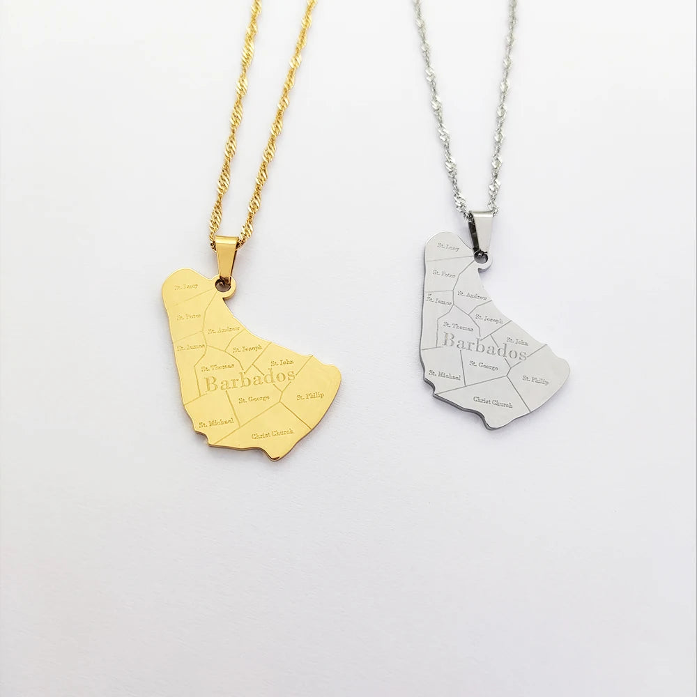 Stainless Steel Map of the Barbados Island Pendant Necklaces Barbados Maps Charm Jewelry