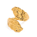 X074 Wholesale Simple Retro Leaf Pattern Ring 18K Gold Plated Stainless Steel Luxury Style Open Rings Fashion Jewelry