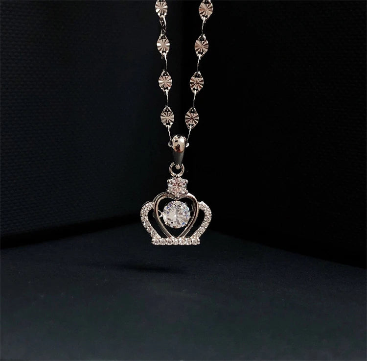 Dainty 925 Sterling Silver Fine Jewelry Heart Pendant Necklace Love Heart with Diamond Crown Detailing