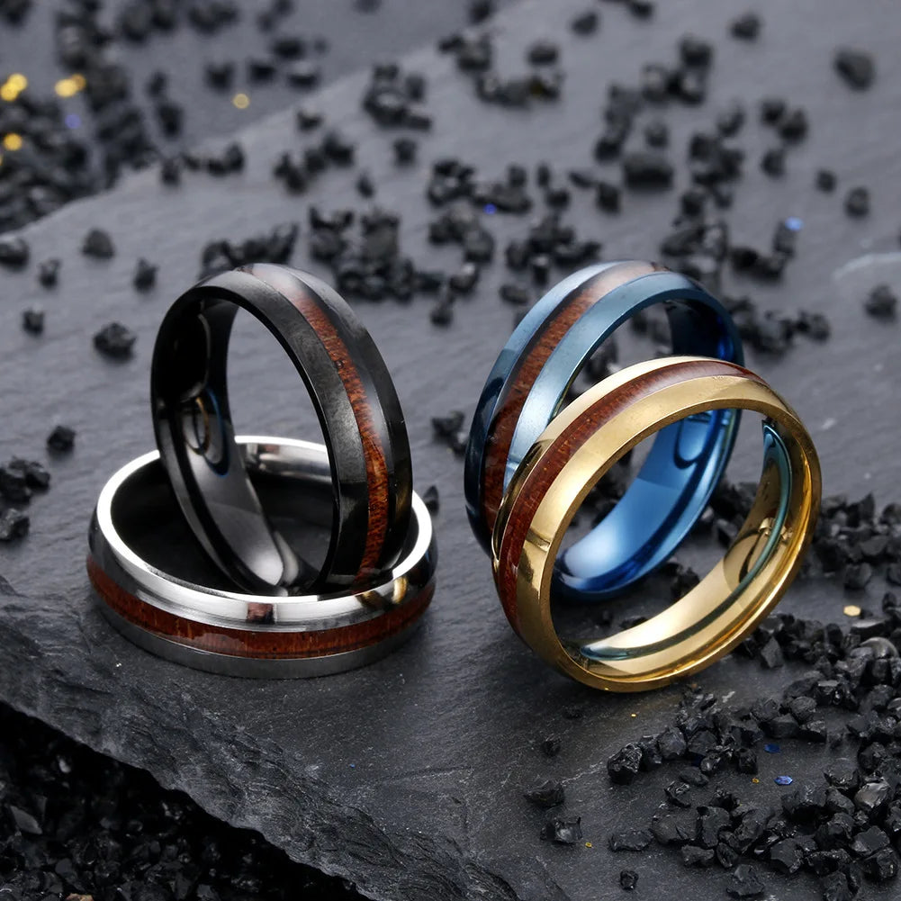 Unisex 6mm Wood Grain Stainless Steel Ring Fashion Creative Arc Cluster Jewelry Classic Style Certified Gift
