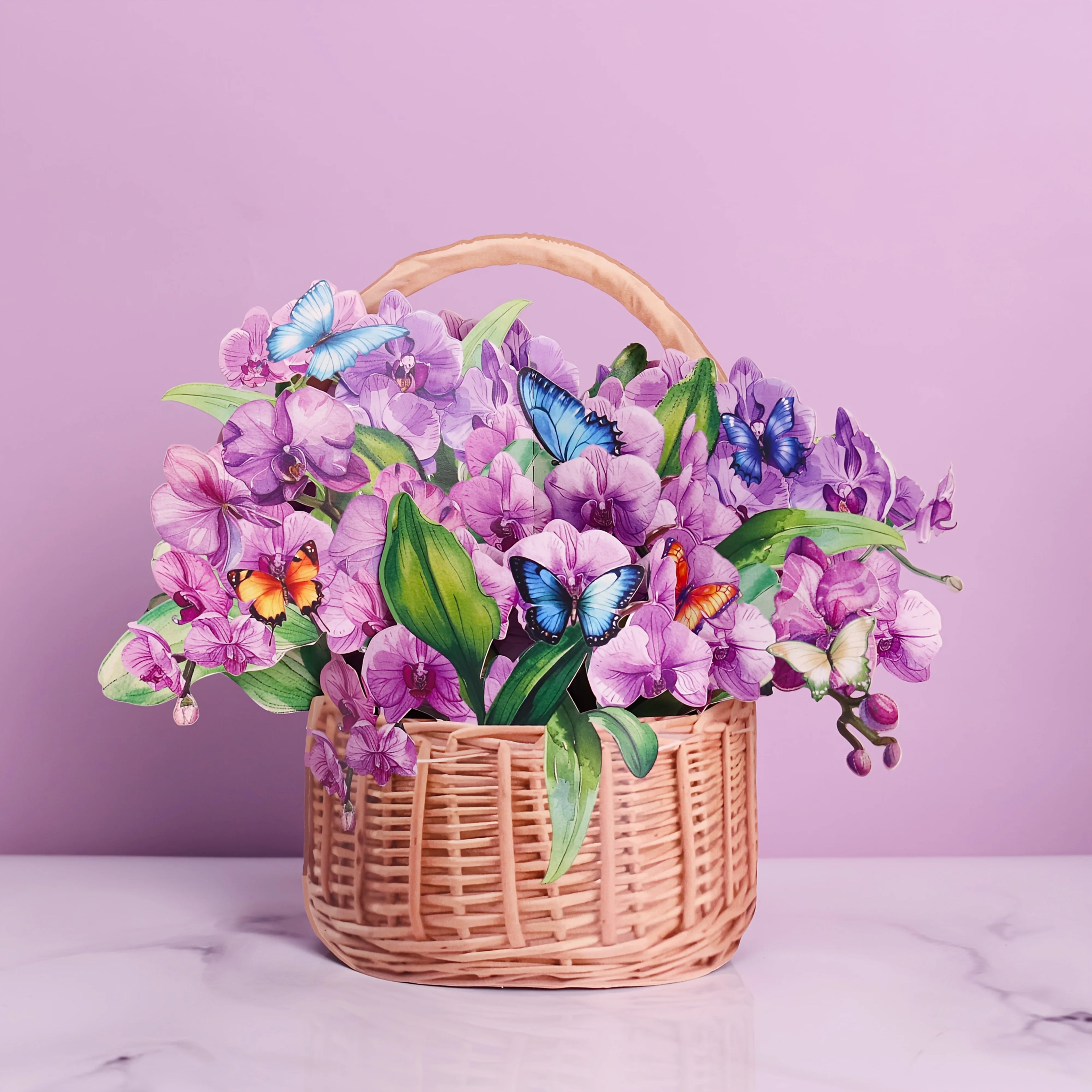 Exquisite Festival Commemorative Greeting Card Beautiful Orchid Flower Basket and butterfly Flower Box Shaped 3D Pop-up