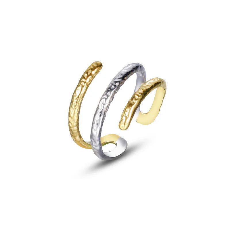 French Silver Gold Mixed Color Three Layer Finger Rings Wrinkle Irregular S925 Sterling Silver Multilayer Line Open Ring