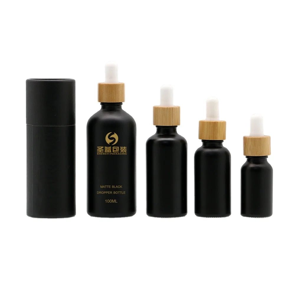 Cosmetic Packaging Matt Finished Black Frost Essential Oil Serum CBD Oil  Herb Hemp Glass Dropper Bottle with Bamboo Cap