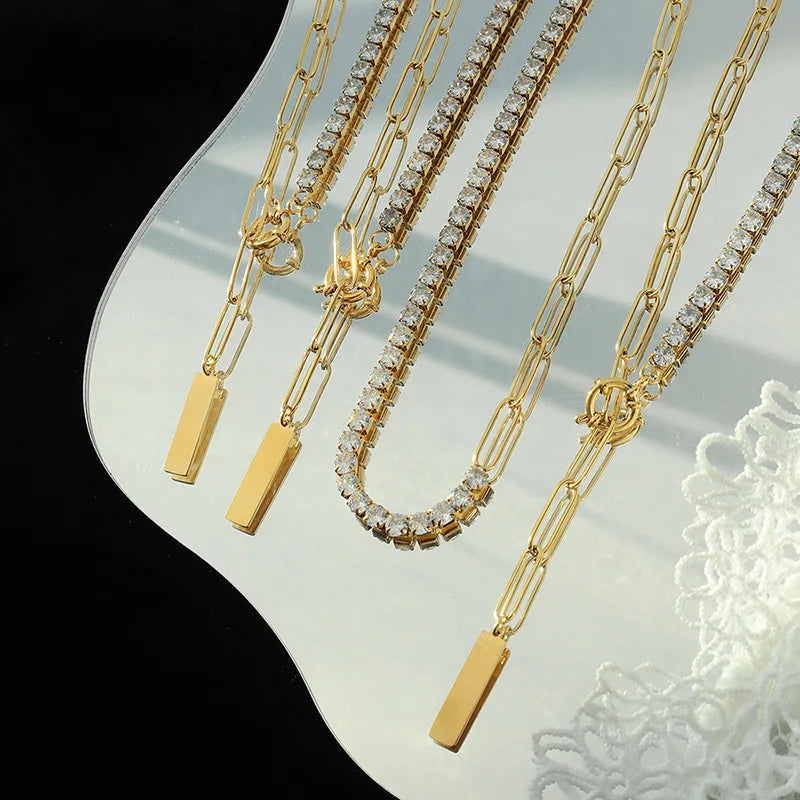 New Fashion Unique Design Stainless Steel Simple Style CZ Classic Cool Collarbone Necklace Women P122