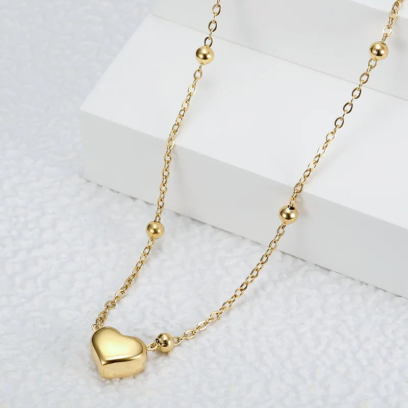 Waterproof 18K Gold Plated Stainless Steel Heart Pendant Necklaces European Ball Heart Necklaces for Women Gift