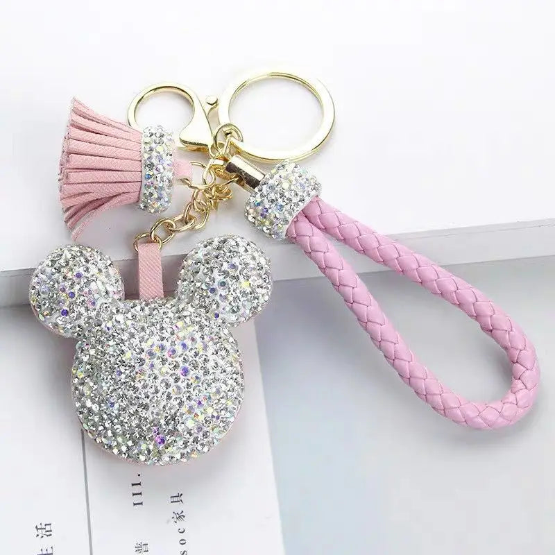 New Cute Luxury Designer Crystal Cartoon Tassel Key Chain Wrist Leather Key Ring Bag Car Keychain