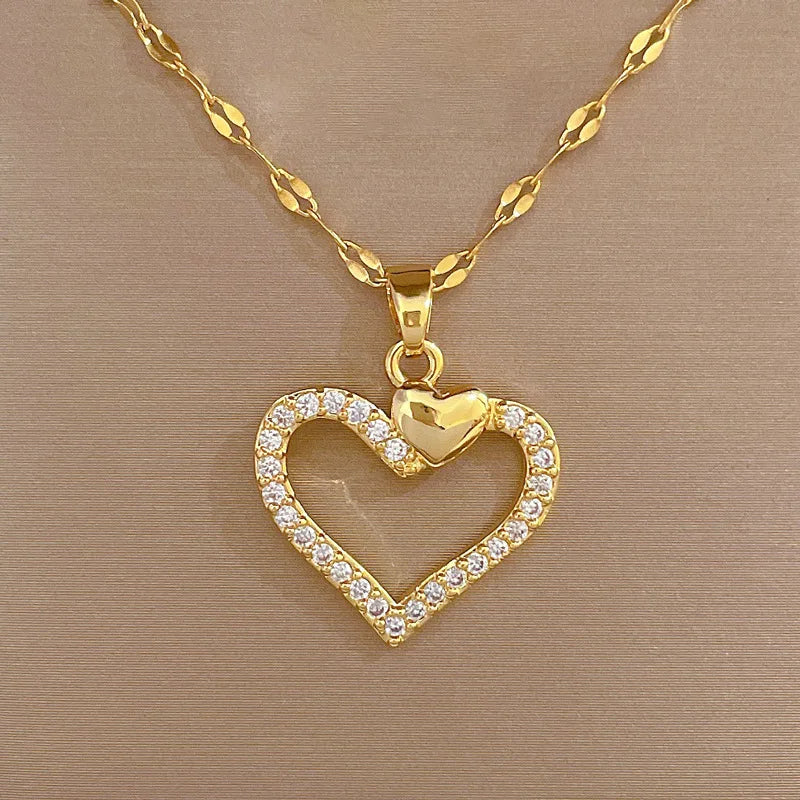 Collar De Acero Inoxidable Stainless Steel Hollow Heart Full Diamond Gorgeous Vintage Necklace Gold Plated Necklace for Women