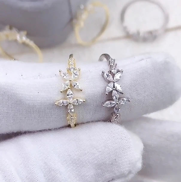 Daidan Four Leaf Clover Flower Bloom Gold Plated 925 Silver Flowers Zircon Rings for Women