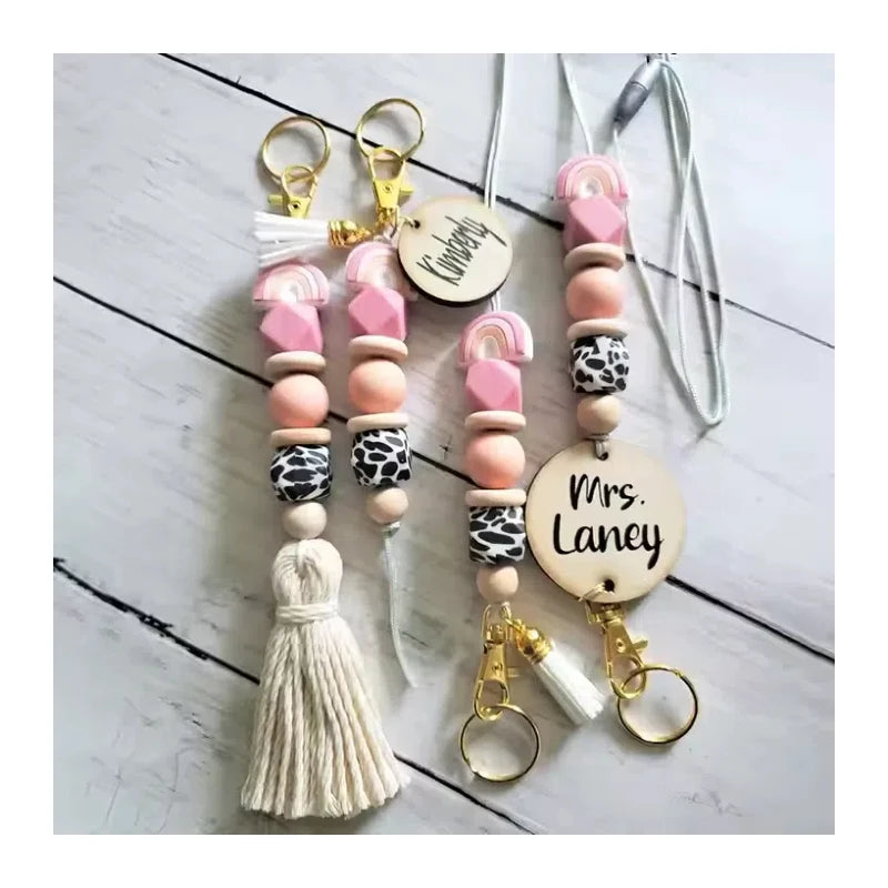 Boho Rainbow Silicone Beaded Tassel Lanyard Keychain Custom Name Teacher Nurse Work ID Badge Holder Bag Charm Keychain Lanyard