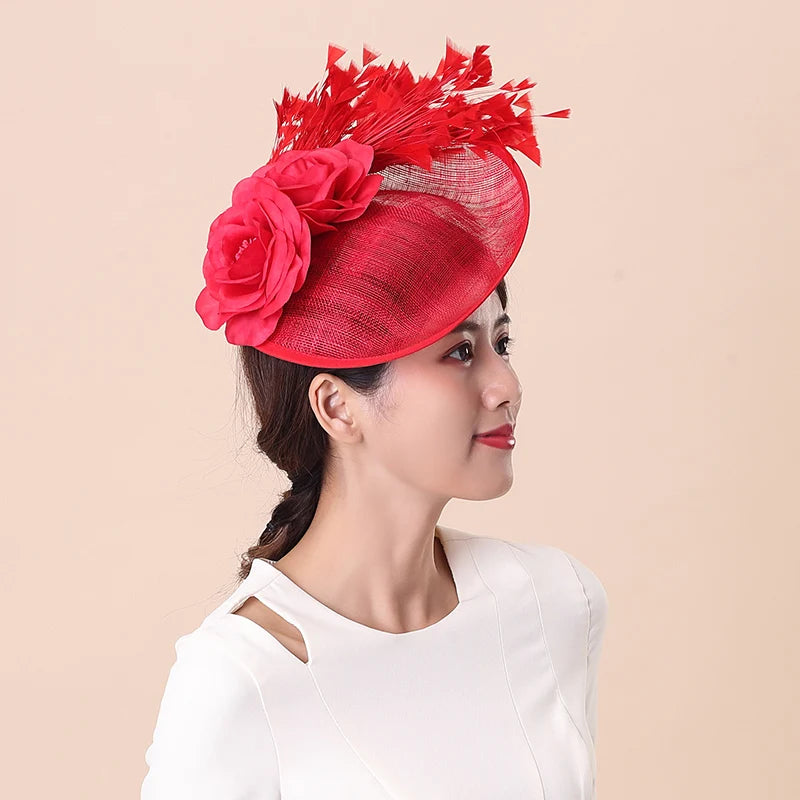 Fedora Hats Fashion British Royal Ascot Feather Sinamay Fascinator Cap Ladies Wedding Hat With Hair Women's Caps H6615